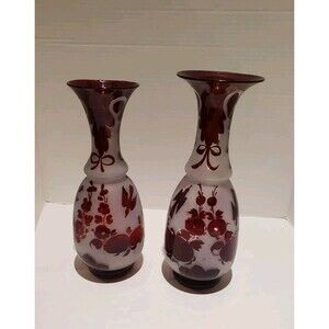 Bohemian Glass Vase Ruby Red With Fruit Bird & Bow Frosted Images Hand Blown 2Pk
